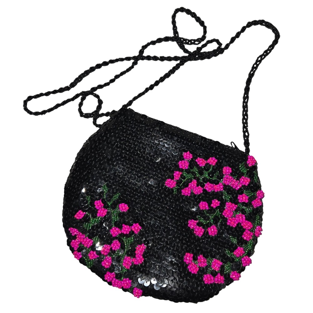 Vintage Black Sequin Pink Beaded Floral Crossbody Evening Bag Small Purse